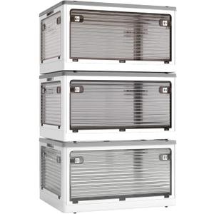 3-Pack Stackable Storage Bins, 50-Liter Collapsible Organizers with 3 Lids, Wheels, Foldable Collapsible Box for Outdoor Camping, White