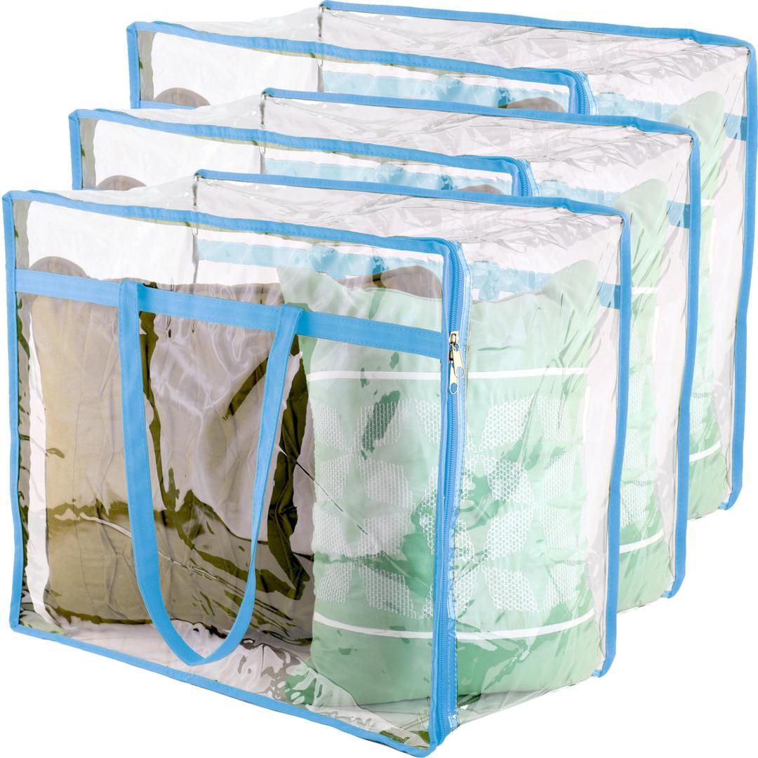 Clear Vinyl Zippered Storage Bags (3-Pack) 40L Sturdy Storage Bags for Sweaters, Blankets, Comforters, Bedding Sets and Much More! (Light Blue, 18x15x9)