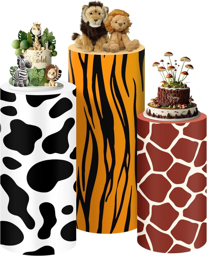 SaitiMade Set of 3 Jungle Safari Theme Cylinder Pedestal Stand Covers, 3pcs Spandex Jungle Zoo Animals Cylinder Stand Covers for Party, Wedding or Birthday Event Decor (Only Contains Cylinder Covers)