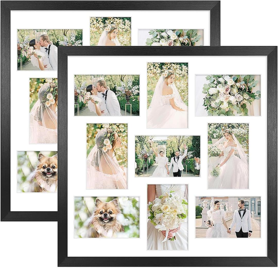 17x17 Collage Frame with 9 Openings 4X6 Pictures, Multiple Picture Frame with Mat, Wall or Tabletop Decor, Black Wood Grain,2 Pack