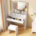 COMHOMA Makeup Vanity Desk with Mirror and Lights, Vanity Table and Chair Set with 5 Drawers and Charging Station, Bedroom Dresser LED Mirror Stepless Dimmable & 3 Color Modes Adjustable, White