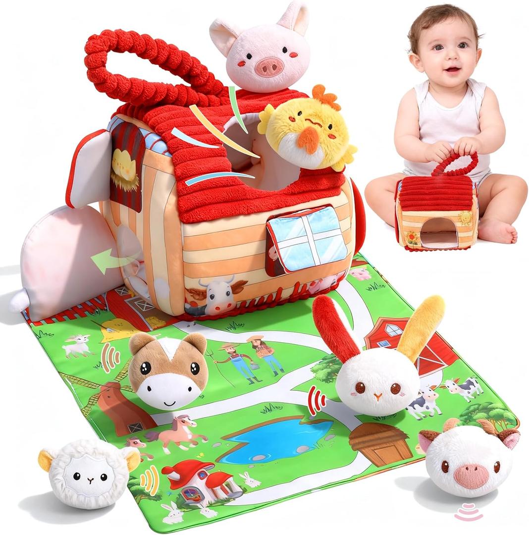Baby Toys for 6-12 Months, Barn Stuffed Farm Animals with Sounds & Ring, Plush Animals Toys Have Mirror Montessori Educational Toys Sensory for Developmental for Infants & Toddler Toy Gift
