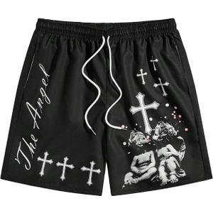 SHENHE Men's Graphic Print Drawstring Waist Shorts Casual Tie Front Straight Leg Shorts (S, Black)