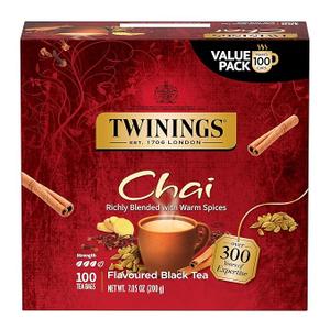 Twinings Chai Black Tea Individually Wrapped Bags, 100 Count (Pack of 1), Richly Blended with Warm Spices, Caffeinated, Enjoy Hot or Iced, 100 Teabags
, BBD: 08/JAN/2029