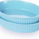 LEETOYI Porcelain Small Oval Au Gratin Pans, Baking Dish Set for 1 or 2 person servings, Bakeware with Double Handle for Kitchen and Home, Set of 2 (Turquoise)
