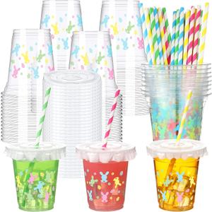 Qinyoung 14 oz Easter Cups with Lids Straws and Liners Bunny Plastic Disposable Rabbit Eggs Cups Bulk Easter Eggs Party Cups for Spring Easter Party Supplies Beverage Cold Drinking