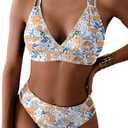 Tainehs Women's Push Up V Neck Bikini Sets Criss Cross Back Two Piece Bathing Suit, Large, Yellow Floral