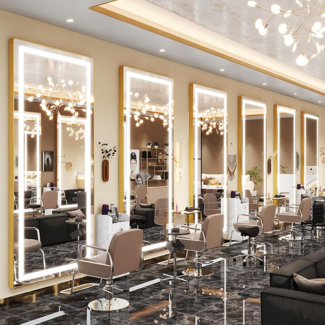 FENNIO Full Length Mirror with Lights, 80" x 36" LED Full Body Mirror, Wall Mounted Hanging Mirror with Lights for Bedroom, Salon, Dimmable & 3 Color Lighting, Tempered Glass (Gold)