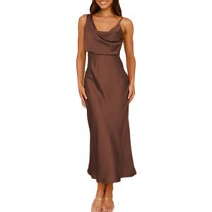 Summer Satin Cowl Neck Midi Dress for Women 2025 Elegant Formal Silk Spaghetti Strap Backless Wedding Guest Dresses (Medium, Brown)