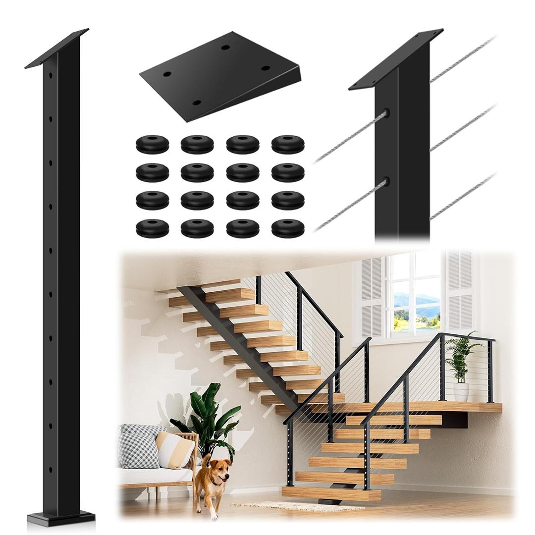 36" Black Cable Railing Stair Post with Slant Fixed Top, Stainless Steel T304 Staircase Wire Rail Post, 33° Drilled Stair Deck Post with 5-Degree Rubber Spacers Fit for 28-38 Degrees Stairway