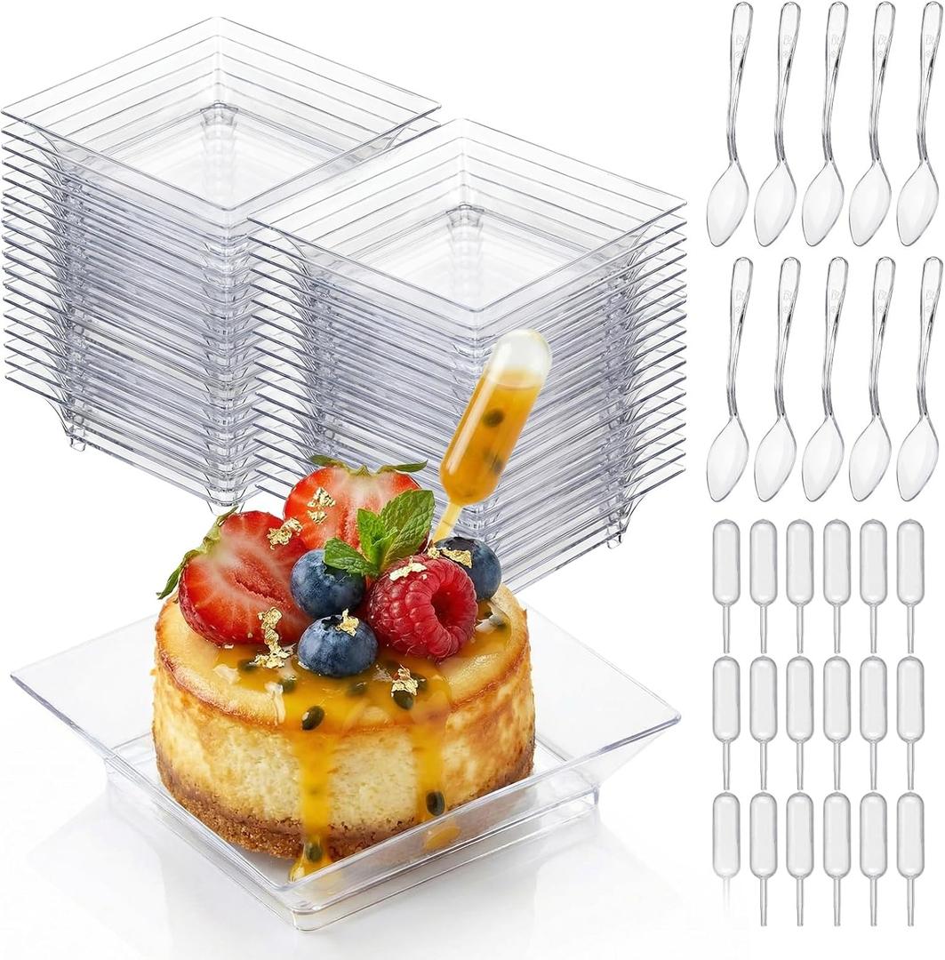 Mifoci 100 Set Mini Plastic Dessert Plates with Tasting Spoons and Pipettes, 2.5" Small Clear Disposable Square Appetizer Trays, Reusable Clear Plastic Mini Plates for Desserts Cake Fruit