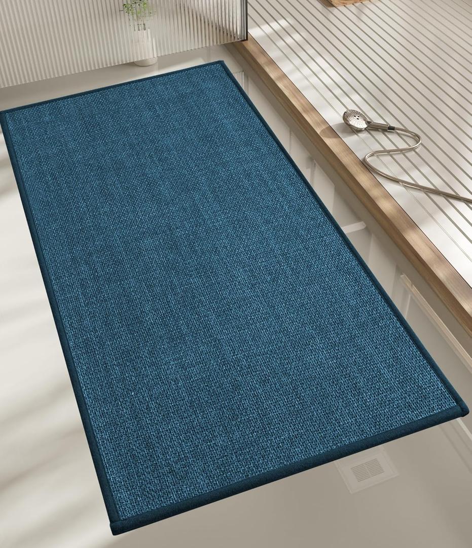 chakme Bathroom Rugs Mat 47x17, Ultra Thin Bath Rug Non Slip Runner Quick Dry Absorbent Bath Mat for Bathroom, (Dark Blue, 47"x17") (1'5" x 3'11" (Rectangular))