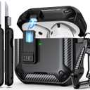 RFUNGUANGO for AirPods 4 Case, Compatible with AirPods 4th Generation Protective Case with Phone Stand & Cleaning Kit, Magnetic Automatic Lock, Compatible with MagSafe, Black