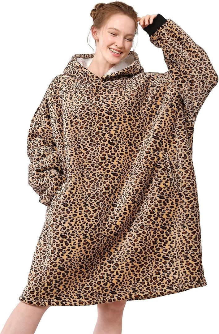 LetsFunny Blanket Hoodie,Oversized Wearable Sherpa Fleece Blanket Sweatshirt,Super Soft Warm Cozy with Giant Pocket,Gifts for Women Men Adults Teenagers Kids, One Size Fits All (Leopard)