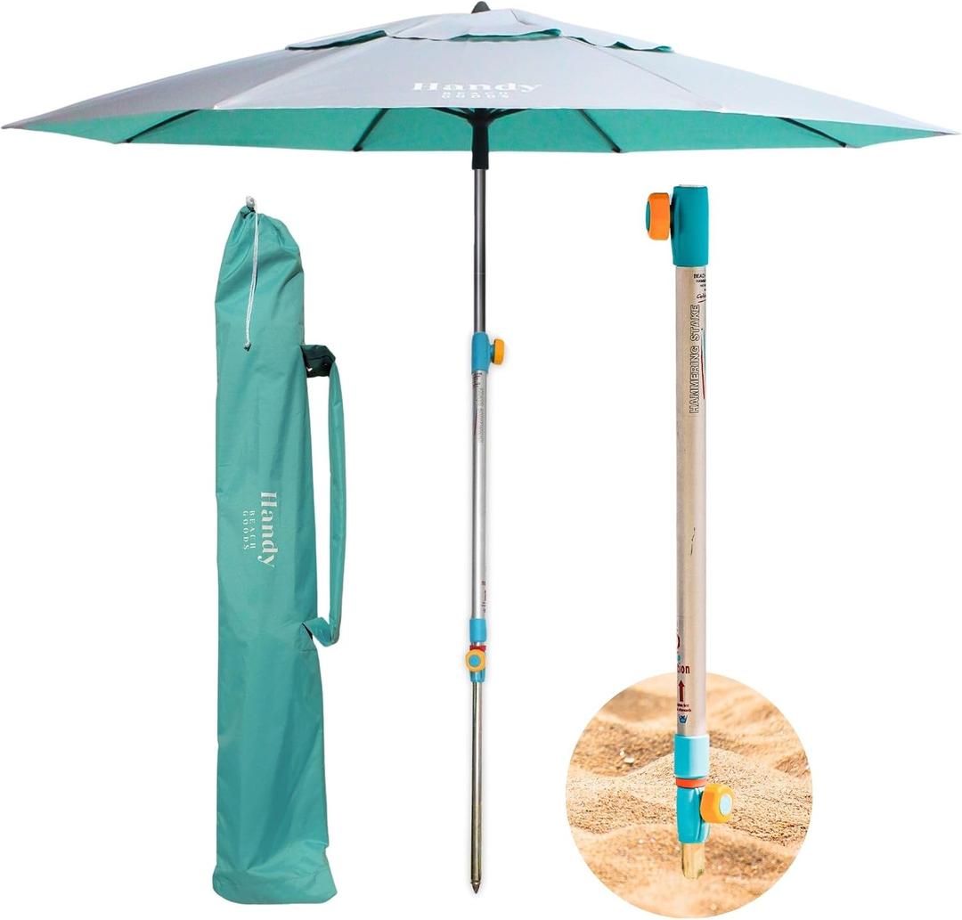 Handy Beach Umbrella with 10 Second Easy Setup Hammer In Anchor - 7ft Large Portable Heavy Duty High Wind Stability Beach Umbrellas For Sand-ASTM F3681 Safety Tested-Silver Coated UPF 55 Sun Protection, Teal 