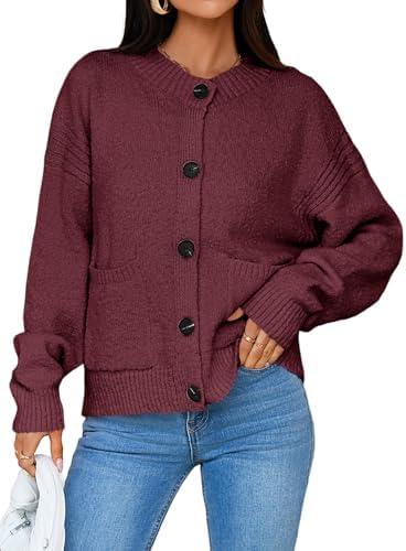 Saodimallsu Womens Button Up Cardigans Fall Crew Neck Fuzzy Knit Long Sleeve Cropped Sweater Jacket with Pockets (Medium)
