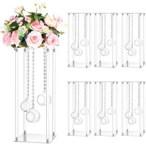 Yerliker 6 Sets 20'' Tall Acrylic Flower Vase Wedding Centerpieces Flowers Stand with Hanging Glass Tealight Globe Candle Holders, Crystal Garland Strands and Self Adhesive Hook (Clear)