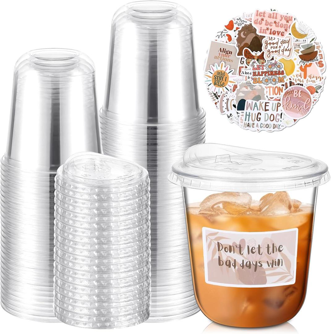 50 Sets Clear Plastic Cups with Strawless Sip Lids and Motivational Stickers, Iced Coffee Cups with Inspiring Stickers for Iced Coffee, Cold Drinks, Juice, Milkshake (Bohemian,12 oz)
