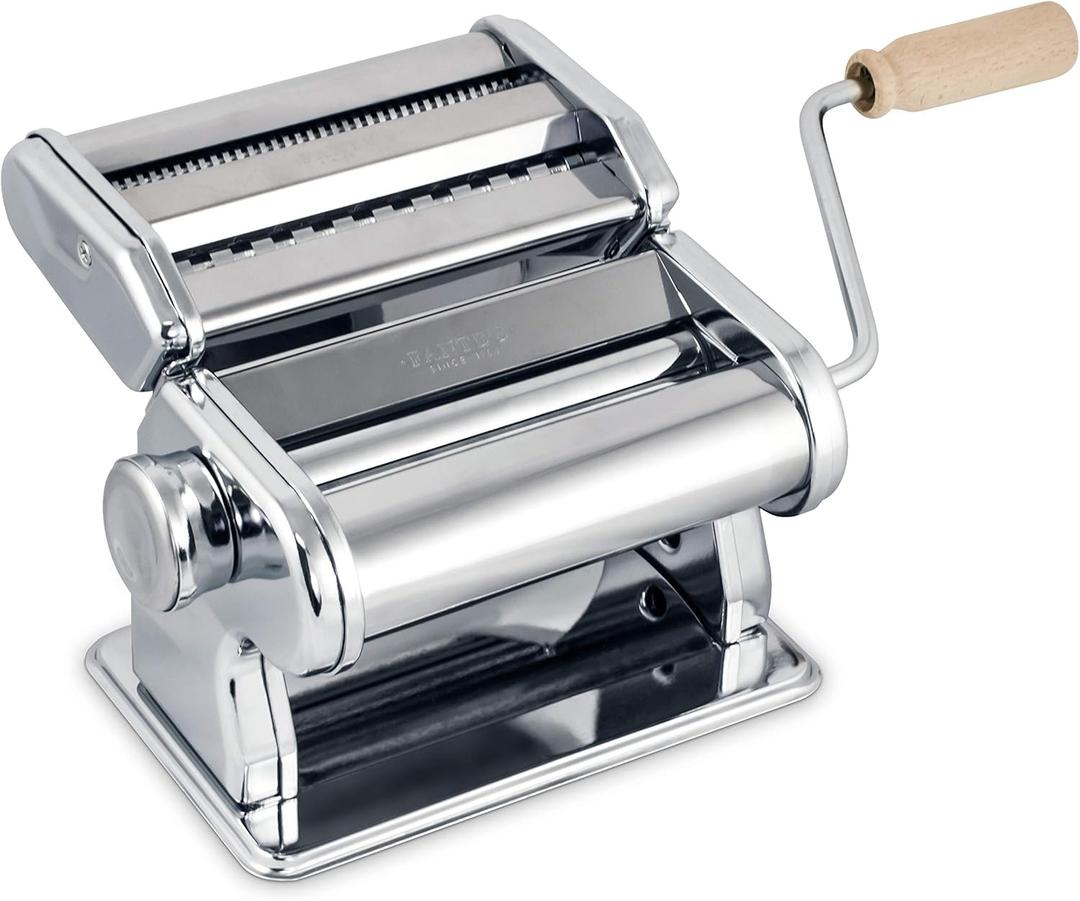 Fantes Double Cutter Classic Pasta Maker, Hand-Crank Noodle Press with Adjustable Thickness Settings for Fresh Homemade Pasta, Dumplings (Chrome)