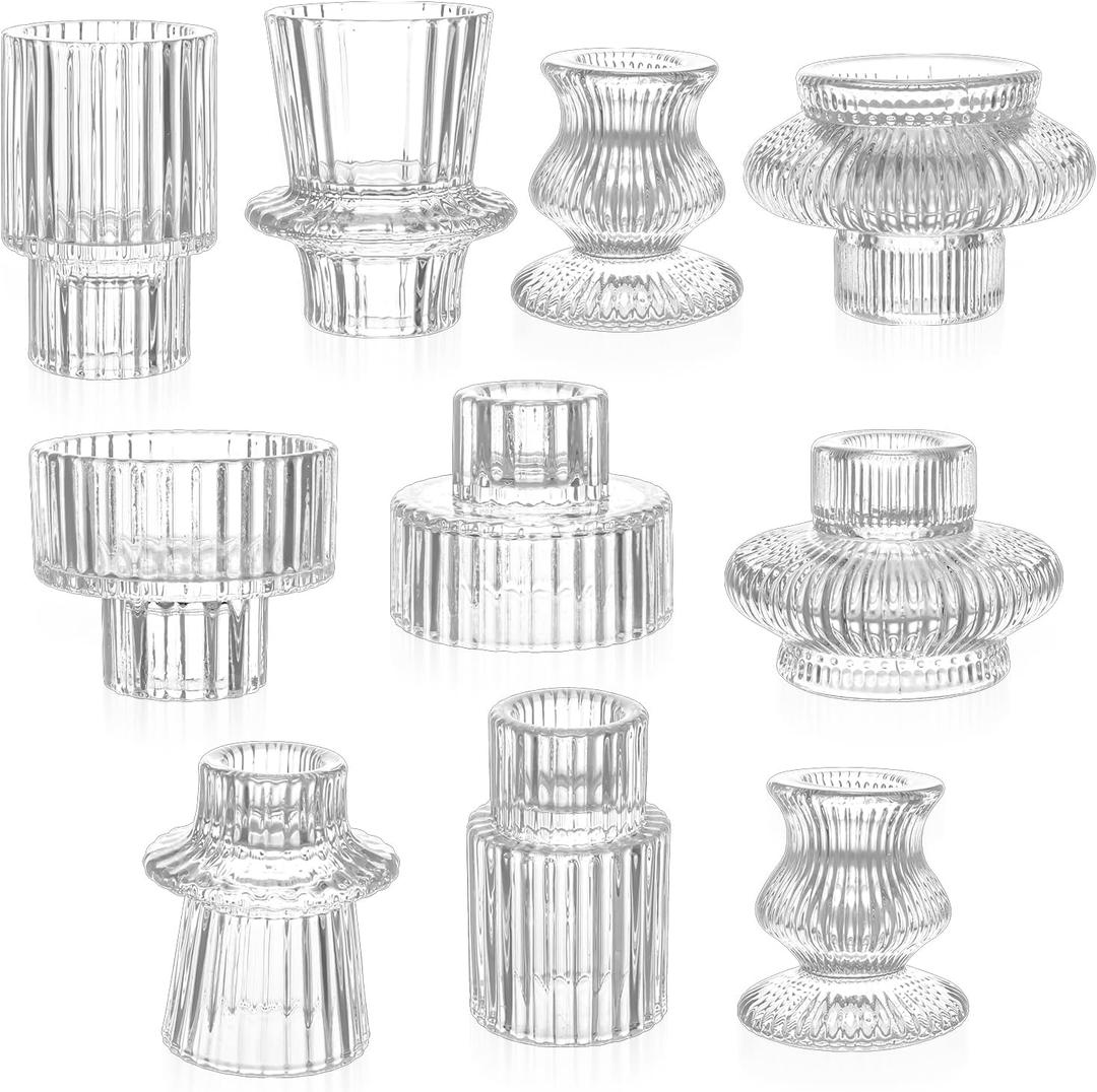 10 Pcs Glass Candlestick Holders Set, Glass Crystal Taper Candle Holders Striped Vintage Reversible Clear Candle Stick Holder Ideal for Wedding, Party, Festival Celebrations, 5 Styles