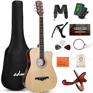 ADM 38" Inch Acoustic Guitar Bundle for Beginners Adults with Online Lesson, Cutaway Wood Acustica Guitarra Starter Set Package with Gig Bag, Strap, Steel Strings, Picks, Capos, Stand, Natural