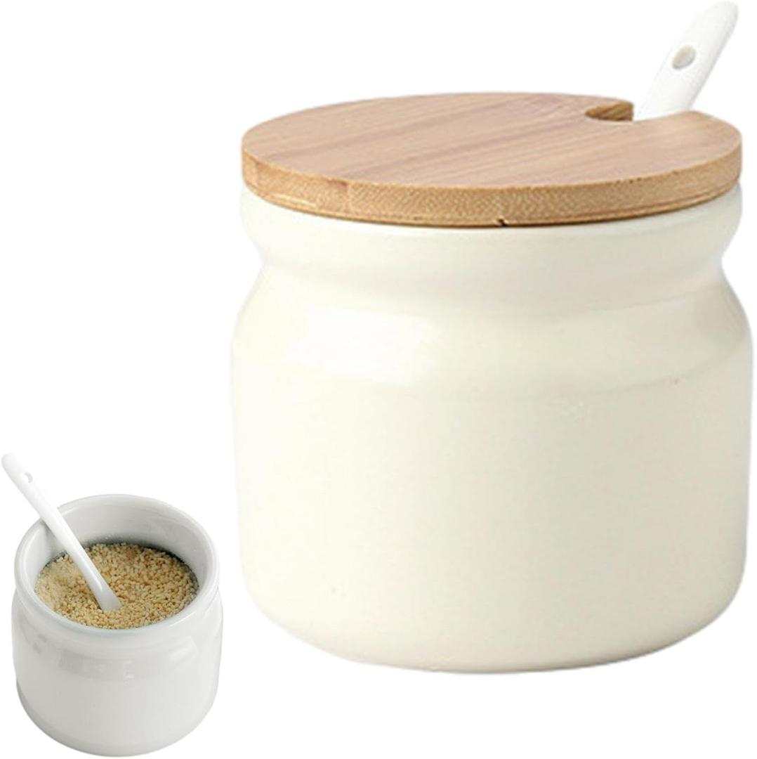 Ceramic Sugar Bowl, Porcelain Sugar Pot with lid and Spoon, 300ml/10.56oz Seasoning Storage Jar Salt Pot Salt Container for Coffee Bar, Home Kitchen(Beige)