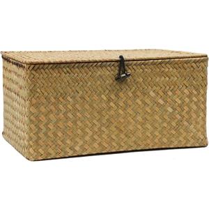 Wicker Basket with Lid, Natural Seagrass Storage Baskets for Organizing, Woven Basket for Storage, Decorative Boxes Bins with Lids Home Organizer Decor (Natural, 14.3" x 9.4" x 6.9")