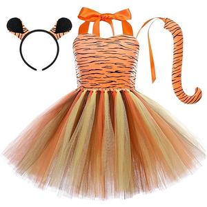 IWEMEK Girls Tiger Cosplay Costume 3pcs with Tiger Ears Headband Tiger Tail Animal Fancy Costume Kit Halloween Cosplay Birthday Party Outfits Baby Girl Jungle Themed Cosplay Dress Tiger 5-6 Years