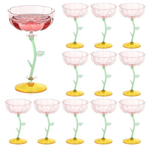HKSZEH 12 Pcs Pink Plastic Ribbed Coupe Glasses Detachable 7oz Flower Cocktail Glasses Modern Wavy Plastic Cocktail Coupes Disposable Martini Glasses Mimosa Glassware champagne goblets (12, PInk)