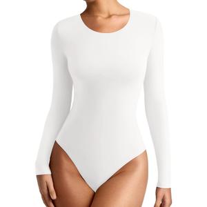REORIA Womens Long Sleeve Bodysuits Fall Basic Round Neck Lightweight Double Lined Layering Slim Body Suit Tops (Small, White)