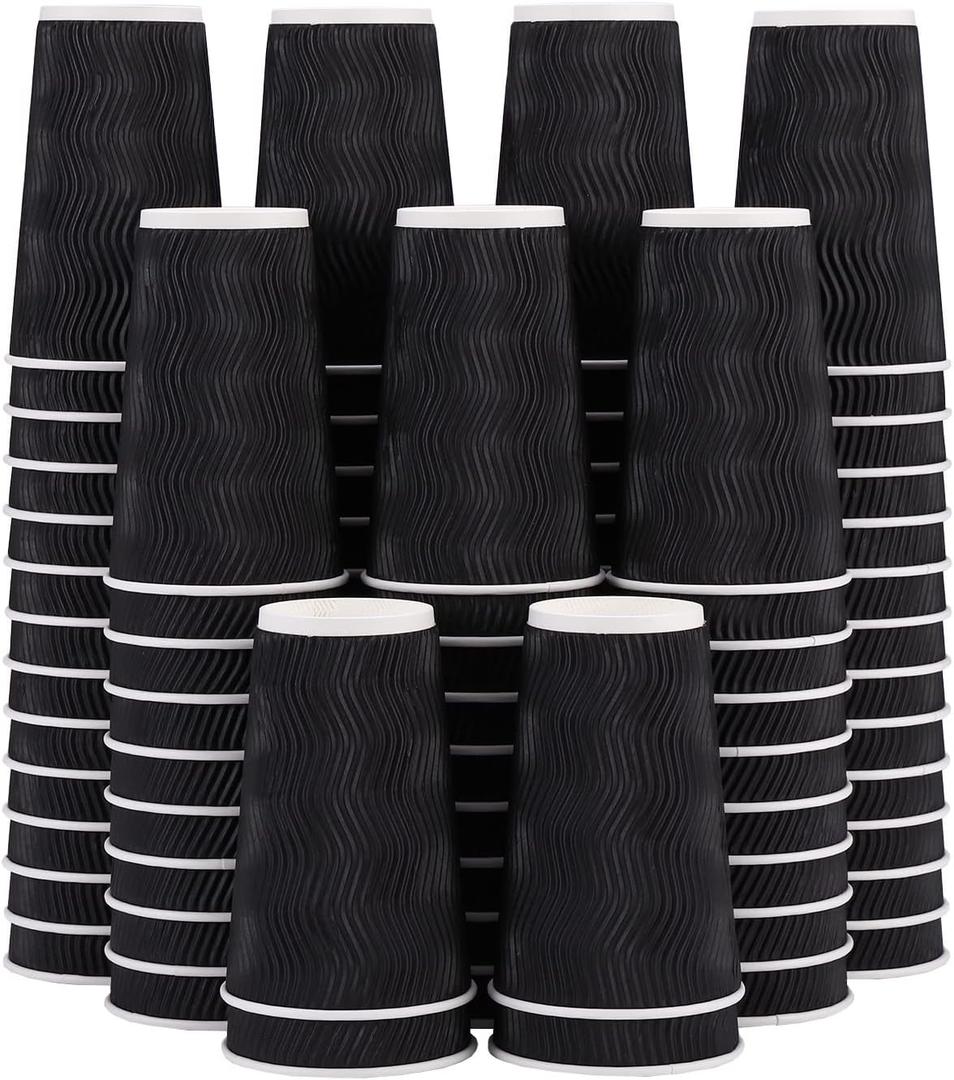 Lamosi 16 oz Coffee Cups - 90 Pack, Disposable Insulated Corrugated Paper Cups 16oz, Kraft Ripple Wall Cups for Hot Beverage or Cold Drinks (Black)
