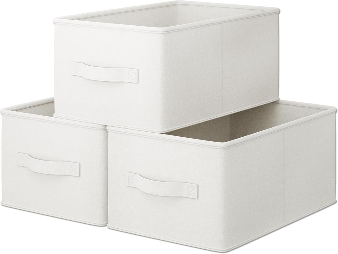 3 Pack Fabric Storage Bins for Shelves | 11.5" L x 8.75" W x 6.5" H Closet | Collapsible Bins for Organization | Linen Clothes Storage Bins | White (Small, White)