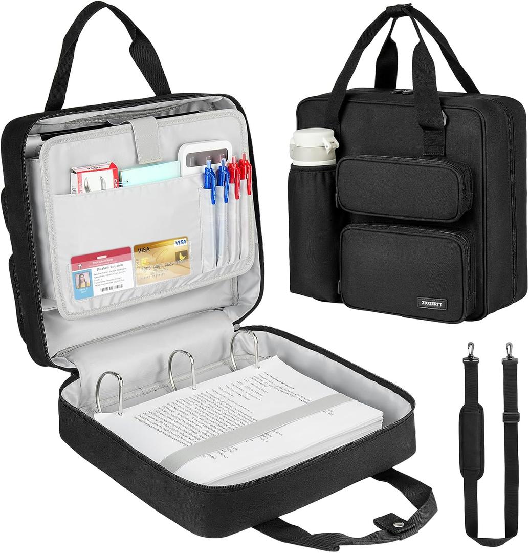 Zipper Binder 3 Ring, 500 Sheets Capacity, Binder 2 Inch with Shoulder Strap Fits 13 Inch Laptop for School and Office,Black