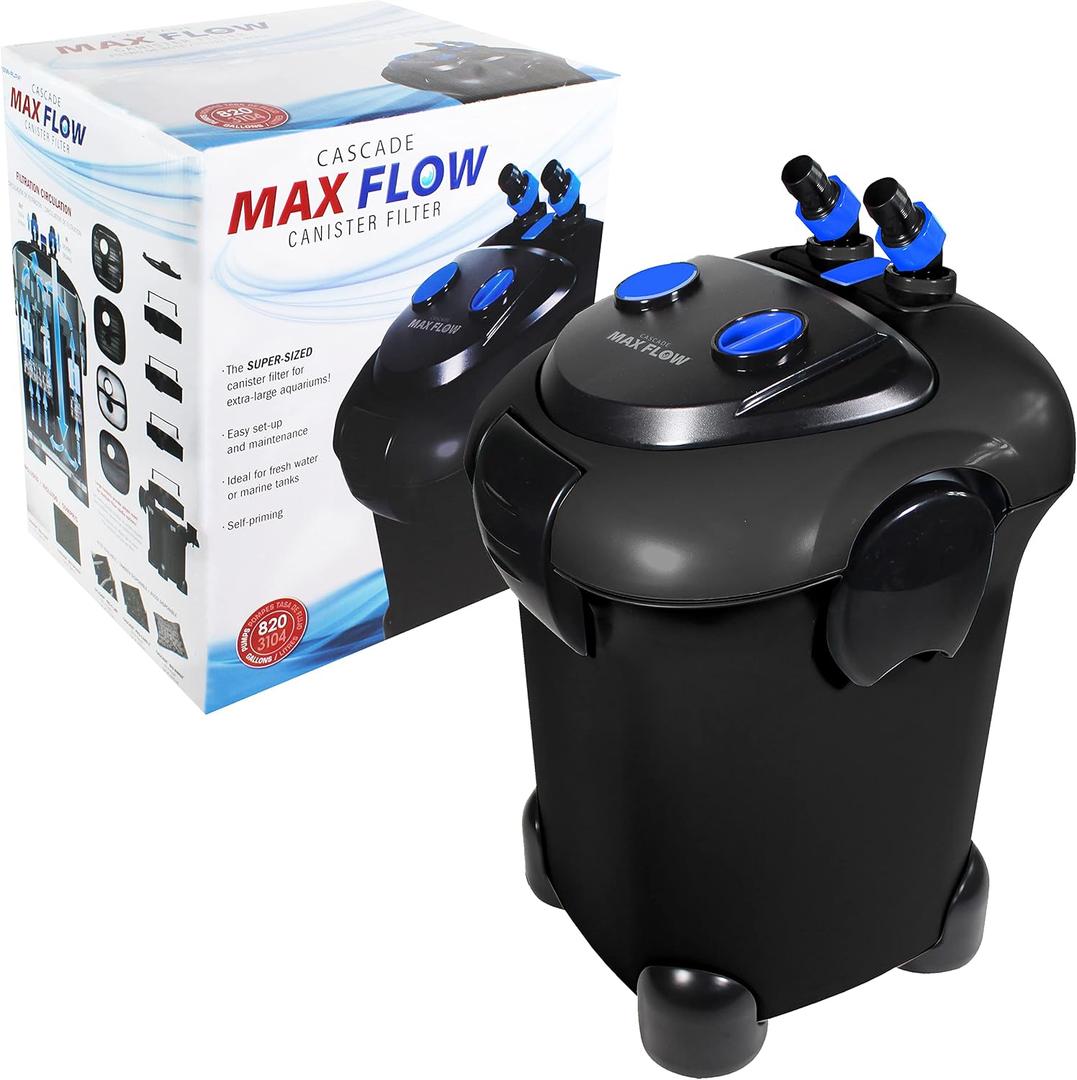 Penn-Plax Cascade Max Flow Canister Filter - 820 GPH Aquarium Filter for Tanks Up to 250+ Gallons - 360 Degree Flow Valves, Poly Fiber Pads and Bio-Sponge - Fresh & Saltwater - 16.6 x 15 x 23.6 in