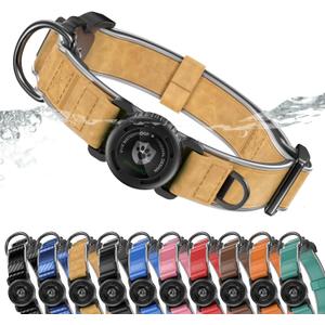 WhoseID AirTag Dog Collar, Waterproof Reflective Leather Dog Collar with AirTag Holder and Magnetic Buckle, Heavy Duty Pet Collar for Small Medium Large Dogs, Brown