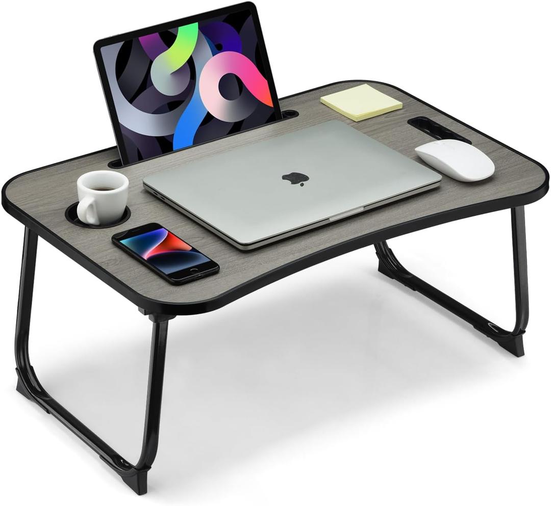 Foldable Lap Desk, Laptop Bed Desk, Portable Lap Table, Laptop Bed Table with Cup Holder & Tablet Slot & Lifting Handle for Working Writing Drawing & Eating - Gray Wood