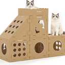 DIY Cardboard Cat House with Scratching Pad, Cat Tower Indoor Play House, Versatile Cardboard Cat Tunnel Box for One or More Pets, Indoor Use Rabbit Hideout Cave Castle Brown, 6 Parts