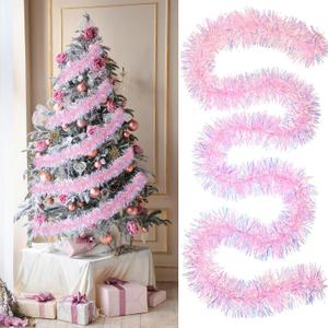 17 ft Pink Christmas Tinsel Garland Metallic Garland Light Glittering Decoration for Valentine Birthday Wedding Party Holiday Festivities Indoor Outdoor Home Supplies(Classic)