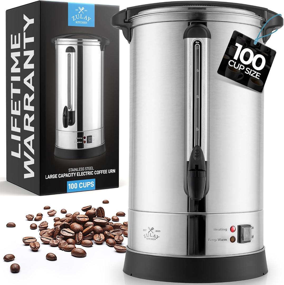 Zulay Commercial Grade 100 Cup Coffee Maker Hot Water Urn - Large Percolator Pot Dispenser With Double-Wall Stainless Steel, Quick Brew, Stays Hot for Tea & Beverage at Events & Catering - Silver