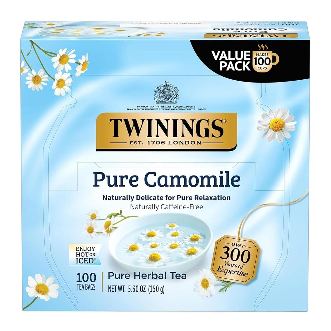 Twinings Pure Camomile Herbal Tea Individually Wrapped Bags, 100 Count (Pack of 1), Delicate for Pure Relaxation, Naturally Caffeine-Free, Enjoy Hot or Iced, 100 Teabags (EXP 01/22/29)