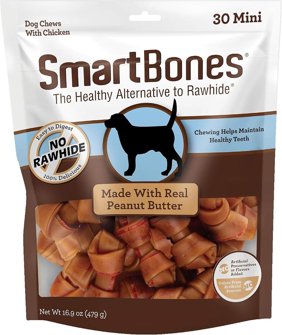 SmartBones with Peanut Butter Mini Chews 30 Count, Rawhide-Free Chews for Dogs, No Artificial Preservatives or Flavors Added, 16.9 OZ (SBPB-00310)