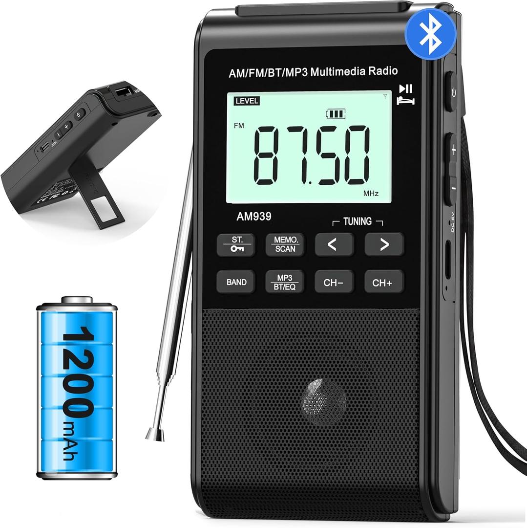 Pocket Radio with AM FM-1200mAh Rechargeable Radio-Portable Transistor Radio with Best Reception, Bluetooth Receiver,5W Big Speaker,LCD Screen,Earphone Jack,Support SD Card and USB Player for Jogging (Black)