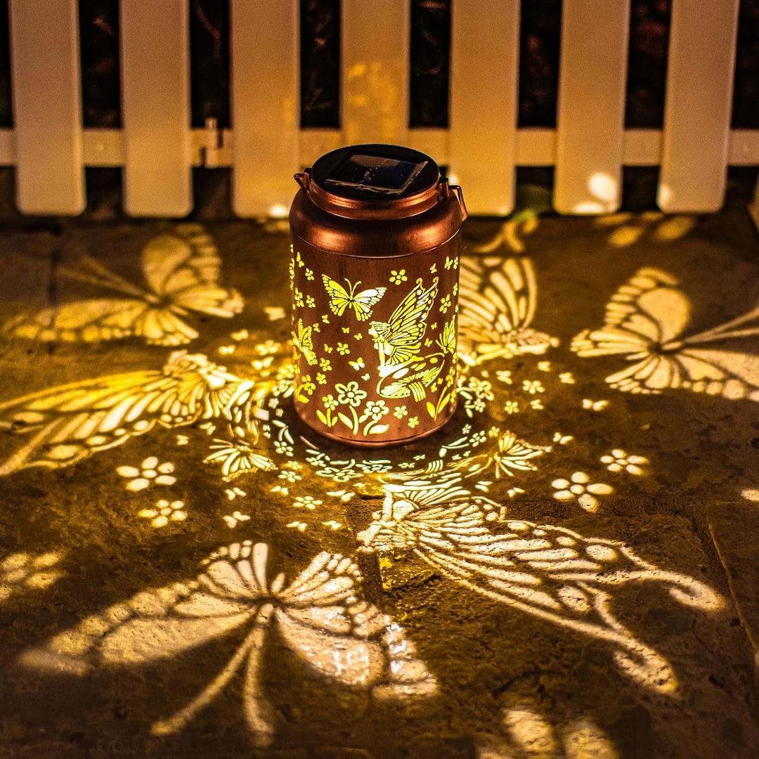Fairy Solar Lanterns Outdoor Waterproof,Hanging Butterfly Lights Mothers Day Gifts for Women Mom Grandma Hollow Out Metal Lantern Decorative Summer Garden Decor for Patio,Yard,Porch,Pathway