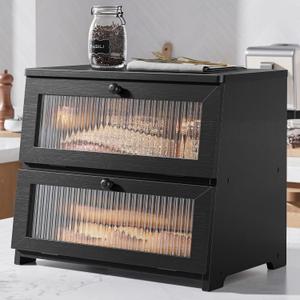 Kitsure Bread Box - Wooden Bread Box for Kitchen Countertop, Large Capacity Kitchen Countertop Organizer, Stylish Bread Storage with Window, Multi-functional Container, Black, 15.0"x13.0"x9.1" (2T)