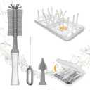 Baby Bottle Brush Set,Travel Essential-6 in 1 Bottle Cleaner Kit with Silicone Bottle Brush,Nipple Cleaner Brush,Straw Brush,Soap Dispenser,Storage Box,Bottle Drying Rack,Ideal Gifts (Manual Gray)