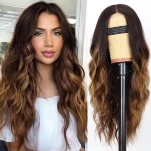 AISI HAIR Long Wavy Brown with Blonde Highlight Lace Hairline Wigs for Women, Middle Part Synthetic Heat Resistant Wig for Daily Party-26 Inch