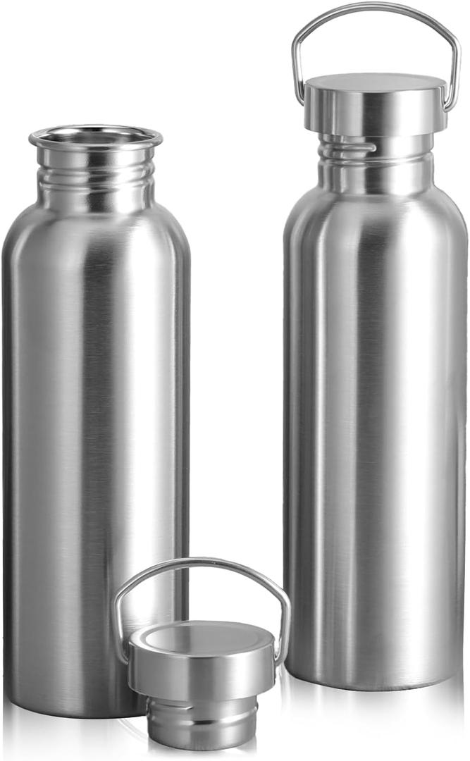 2 Pack Stainless Steel Sports Water Bottles, 26OZ 18/8 Stainless Steel Water Bottle Uninsulated Single Walled Metal Waters Bottle for Cyclists, Runners, Hikers, Silver
