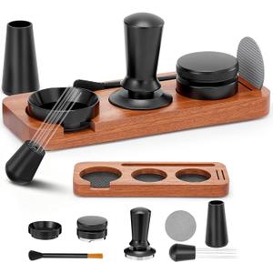 54mm Espresso Accessories Kit, 7 PCS Espresso Tamper Tools, WDT Tool Set with Coffee Tamper, Distributor, Dosing Funnel, Stirrer, Puck Screen, Brush & Wood Tamping Station - Fits 54mm Portafilter