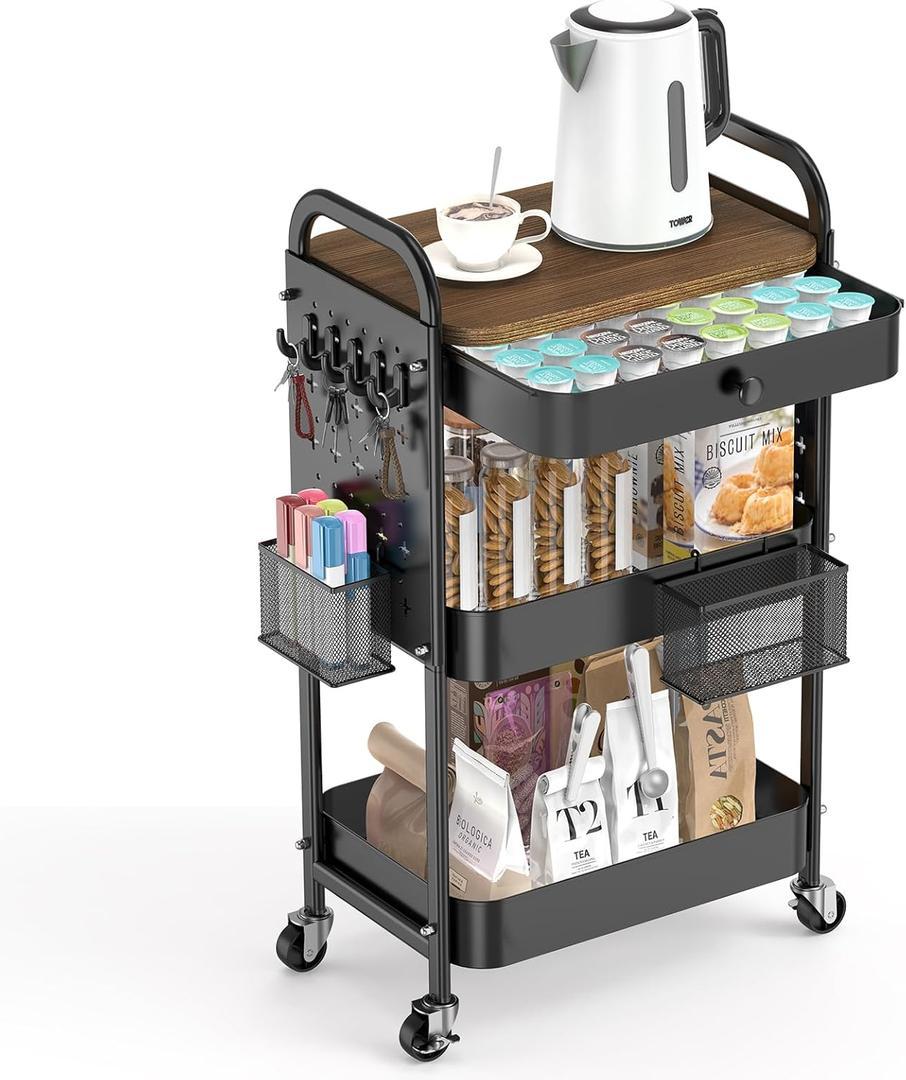 ALVOROG Rolling Cart with Drawer and Wood Table Top, 3 Tier Metal Rolling Utility Cart on Wheels with DIY Pegboards, Hanging Baskets, Hooks for Bedroom,Office,Craft Supplies (Black)