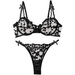 Lilosy Sexy Underwire Cute Push Up Strappy Embroidered Mesh Sheer Lingerie Set See Through Panty Bra Small, Black  Lilosy Sexy Underwire Cute Push Up Strappy Embroidered Mesh Sheer Lingerie Set See Through Panty Bra Small, Black